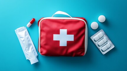 Medical Kit, Red Bag with White Cross, Pills, Capsule, and Medicine on Blue Table