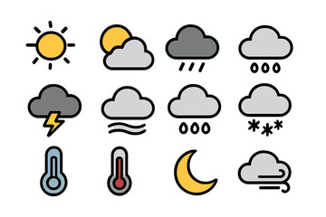 Weather icon collection with filled line style. For meteorology forecast app, web, UI design. Vector set includes sun, cloud, rain, snow, storm, wind, moon, thermometer.