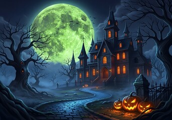 Mysterious Haunted Mansion Under a Glowing Green Moon