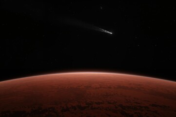 Fototapeta premium Panoramic Orbital View of Mars Horizon Beneath the Faint Glow of Comet