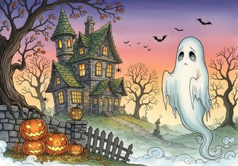 Spooky Halloween Night with Haunted House and Ghost
