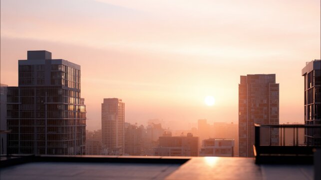 Sunset over city rooftops, soft glow, calm and reflective mood, minimalistic urban style