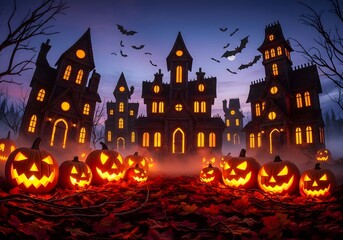 Spooky Halloween Village with Jack-o'-Lanterns at Night