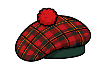 Scottish traditional tam o' shanter cap with red pom-pom. National headdress of Scotland. Red tartan plaid bonnet, country symbol. Cartoon vector illustration isolated on white.