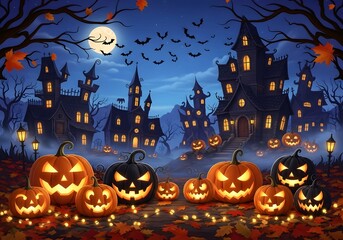 Spooky Halloween Night with Haunted Houses and Jack-o'-lanterns
