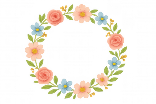 Watercolor floral wreath creating a delicate frame, featuring blooming flowers and green leaves on transparent background - Powered by Adobe