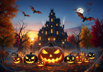 Spooky Halloween Haunted House with Glowing Pumpkins at Dusk