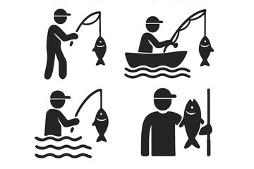 Fisherman icon set. Fishing pictogram collection. Man with fish and rod vector illustration. Person catching fish from a boat and standing in water. Angler hobby and leisure symbols.