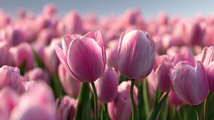 Obraz premium pink tulip field macro stunning spring floral closeup generative ai