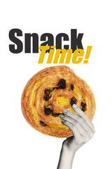 Banner image zine art pop trend collage of human hand hold sweet bun fast food nutrition raisin snack time culinary bakery