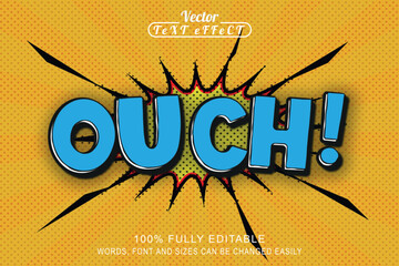 Comic book style ouch! sound effect graphic, colorful comic pop art halftone colorful background with simple bubble text ouch!