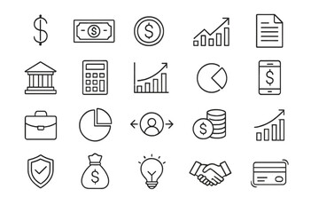Business and finance line icon set. Vector symbols for banking, investment, and money management. Includes chart, graph, dollar, payment, and analysis icons for web and mobile.