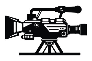Black Silhouette of Professional Broadcast Camera with Viewfinder and Tripod Stand Illustration