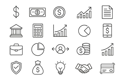 Business and finance line icon set. Vector symbols for banking, investment, and money management. Includes chart, graph, dollar, payment, and analysis icons for web and mobile.