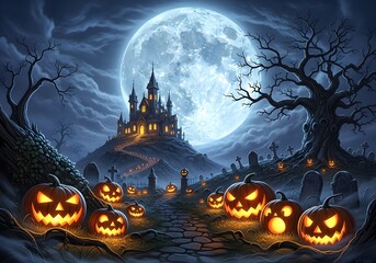 Haunted Halloween Castle Under a Full Moon