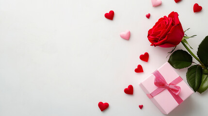 Red rose and gift box with heart-shaped candies for Valentine's Day