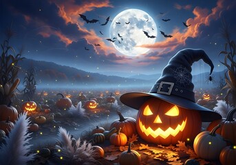 Enchanted Halloween Pumpkin Patch Under Moonlight