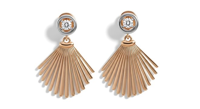 Elegant rose gold fan shaped dangle earrings with intricate detailing isolated on white background