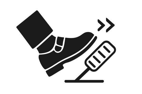 Foot pressing car pedal to accelerate. Gas pedal icon for speed and power. Drive fast concept. Vector illustration for transport, engine performance, and momentum. Push forward.