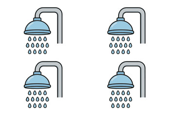 Shower icon set. Water spray from shower head. Bathroom symbol for hygiene, washing, cleaning. Simple flat cartoon vector for hotel, spa pictogram. Personal care concept.