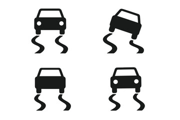 Car skid icon set. Slippery road warning sign. Vehicle losing control. Traction control symbol. ESP stability program light. Driving safety concept. Danger on wet road vector.
