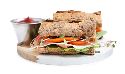 Tasty ciabatta sandwiches and sauce isolated on white