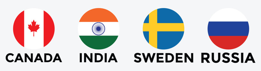 Set of flags of countries. Collection of world national flags with country names. Set of international country flags. Palestine, Canada, China, Syria, Russia, Brazil, Sweden, India Flag icon collectio