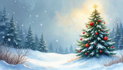 Obraz premium Christmas tree decorated with ornaments in snowy winter landscape 