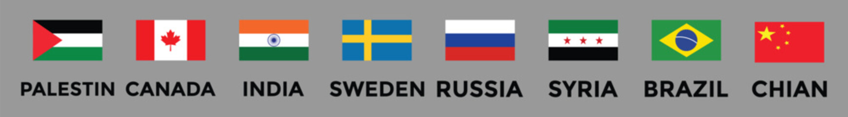 Set of flags of countries. Collection of world national flags with country names. Set of international country flags. Palestine, Canada, China, Syria, Russia, Brazil, Sweden, India Flag icon collectio