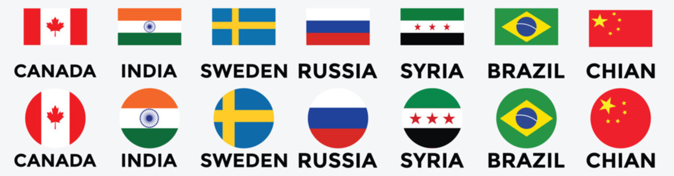 Set of flags of countries. Collection of world national flags with country names. Set of international country flags. Palestine, Canada, China, Syria, Russia, Brazil, Sweden, India Flag icon collectio