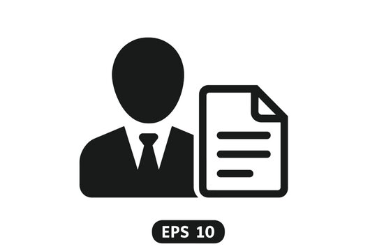 User profile icon with document. Businessman resume or CV symbol. Personal data, portfolio, and employee information concept. Flat vector for web, logo, app, UI design.