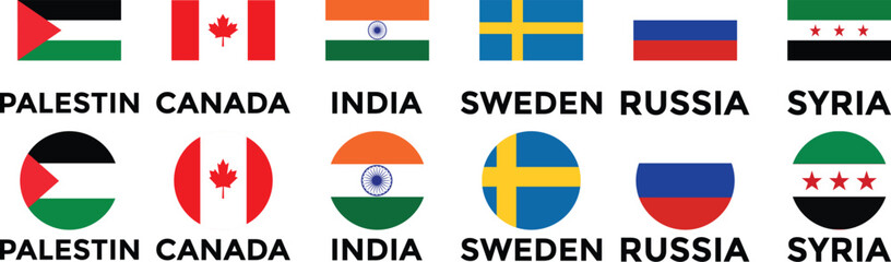 Set of flags of countries. Collection of world national flags with country names. Set of international country flags. Palestine, Canada, China, Syria, Russia, Brazil, Sweden, India Flag icon collectio