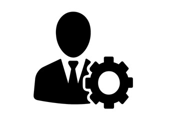 User settings icon with business person and gear. Profile management, admin control, and account configuration symbol. Technical support or developer concept vector for web, app, UI.