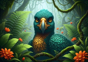 Vibrant Tropical Bird in Lush Rainforest