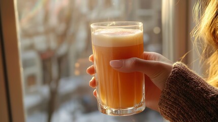 Woman holding peach cold foam tea in glass while sitting by window  
