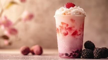 Cold foam tea with lychee and raspberries in cup on textured background  