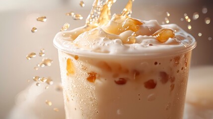 Cold foam tea splashing in clear cup with ice and creamy texture  