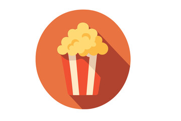 Popcorn flat icon with long shadow. Movie night snack in striped box. Cinema food concept vector illustration. Entertainment treat in bucket. Isolated retro graphic symbol.