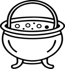 Black and white line art illustration of a cauldron with bubbling liquid, perfect for Halloween, fantasy, or potion-making themes