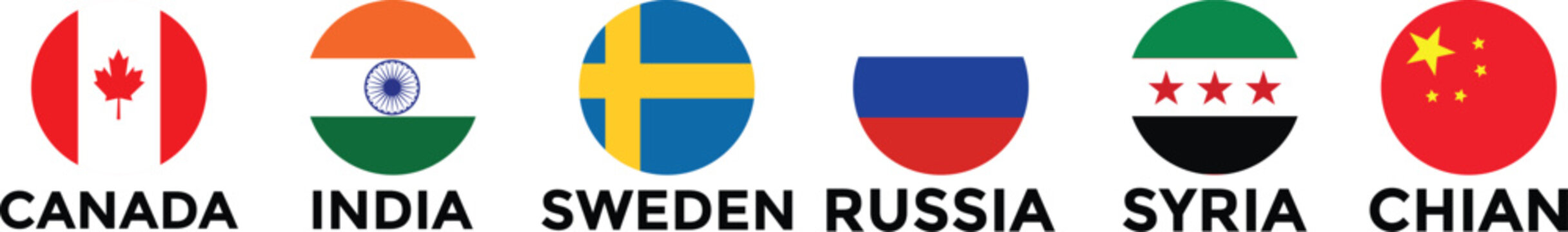 Set of flags of countries. Collection of world national flags with country names. Set of international country flags. Palestine, Canada, China, Syria, Russia, Brazil, Sweden, India Flag icon collectio