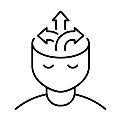 Mind full of choices. Head with arrows line icon. Making decisions. Versatility, opportunities, mental flexibility concept. Three way direction. Different directions in life. Vector illustration. 