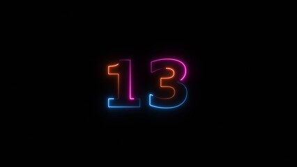 Neon countdown number 13 icon illustration background 4K.