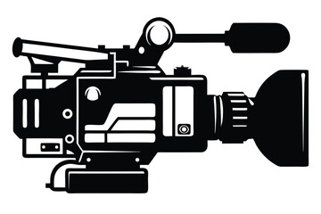 Detailed Black and White Illustration of Professional Broadcast Video Camera System with Lens