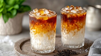 Iced tea with cold foam in two clear glasses on wooden tray  