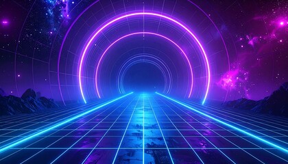 Synthwave neon tunnel into the cosmos with grid floor