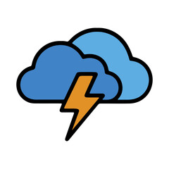Stylized illustration of a blue storm cloud with an orange lightning bolt striking from within on a black background