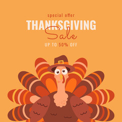 Thanksgiving Sale background, banner, or flyer design. Colorful holiday poster with bird. Template for advertising, web, social media post. up to 50 off discount
