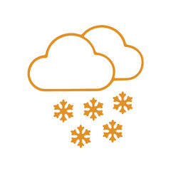Stylized orange outline of two clouds with falling snowflakes against a solid black background