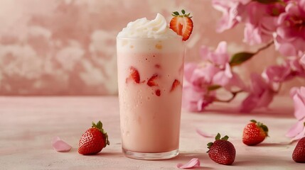 Lychee cold foam tea with strawberries on a pink background  