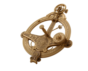 Detailed golden astrolabe rendering showcasing intricate design and astronomical precision